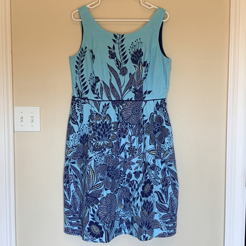 Lands' End Blue Sleeveless Floral Flower Botanical Lined Dress Womens 12P Petite
